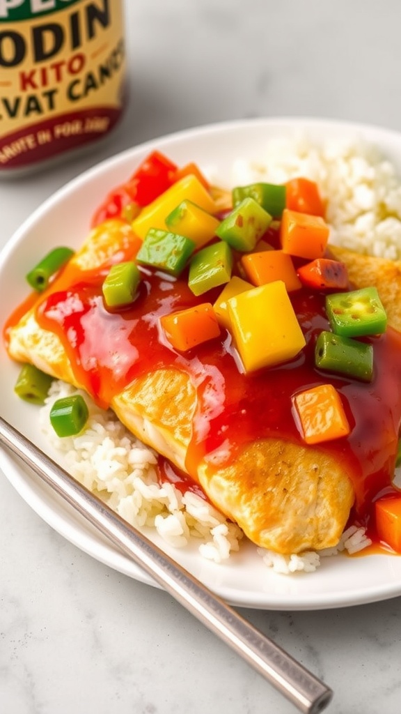 A colorful plate of sweet and sour tilapia with bell peppers, pineapple, and rice.